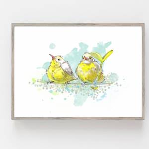 Aquarell Zwei gelbe Vögel Freunde Kunstdruck. Bild 1