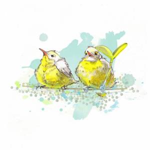 Aquarell Zwei gelbe Vögel Freunde Kunstdruck. Bild 2