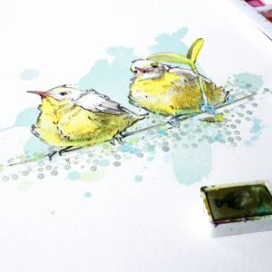 Aquarell Zwei gelbe Vögel Freunde Kunstdruck. Bild 3