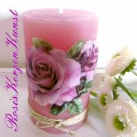 Wunderschöne Muttertagskerze ( Rustik-Kerze )  in rosa/lila  mit einem Rosenmotiv in Vollwachsauflage Bild 1