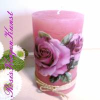 Wunderschöne Muttertagskerze ( Rustik-Kerze )  in rosa/lila  mit einem Rosenmotiv in Vollwachsauflage Bild 2