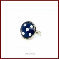 Ring "Polka Dots" Cabochon 20mm dunkelblau-weiß gepunktet, versilbert, Rockabilly, Rock'n Roll, 50ger, Retro Bild 1