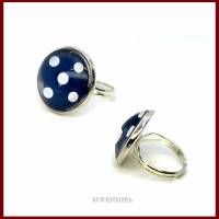 Ring "Polka Dots" Cabochon 20mm dunkelblau-weiß gepunktet, versilbert, Rockabilly, Rock'n Roll, 50ger, Retro Bild 2