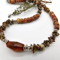 Halskette in Naturtönen mit antikem Karneol aus Afrika, Bauxit Rondelle, Leopardjaspis - 48cm Bild 3