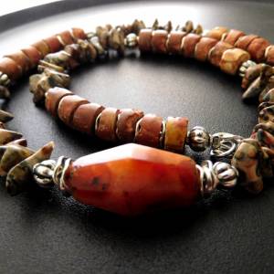 Halskette in Naturtönen mit antikem Karneol aus Afrika, Bauxit Rondelle, Leopardjaspis - 48cm Bild 7