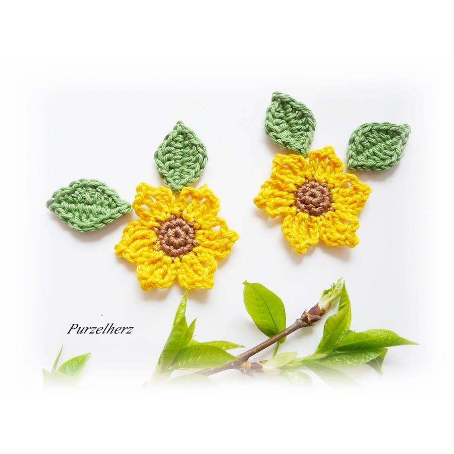 6-teiliges Häkelset Sonnenblumen mit Blättern - Häkelapplikation,Aufnäher,Häkelblume,gelb,grün Bild 1