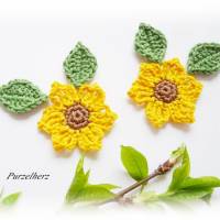 6-teiliges Häkelset Sonnenblumen mit Blättern - Häkelapplikation,Aufnäher,Häkelblume,gelb,grün Bild 1