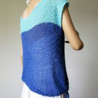 Gestrickter Sommer Pullover aus Baumwolle, Stricktop, blau, mint, ärmelloser Damen-Pulli, Pullunder gestrickt, Größe M Bild 6