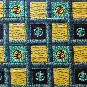 afrikanischer Wachsdruck-Stoff - 50cm/Einheit - Quadrate mit Adinkra Symbol "Gye Nyame" - gelb grün - Baumwolle