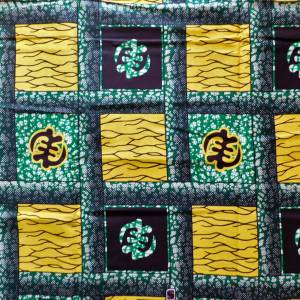 afrikanischer Wachsdruck-Stoff - 50cm/Einheit - Quadrate mit Adinkra Symbol "Gye Nyame" - gelb grün - Baumwolle Bild 2