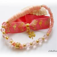 2 elastische Armbänder mit Flamingo u. Palme - dehnbar,Geschenk,Urlaub,Glücksbringer,Kleeblatt,rosa Bild 1