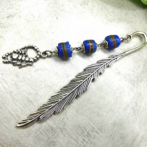 Metall Lesezeichen - silberne Feder - afrikanische Pulverglasperlen - Skorpion - blau braun - Perlen-Lesezeichen Bild 4