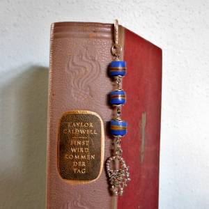 Metall Lesezeichen - silberne Feder - afrikanische Pulverglasperlen - Skorpion - blau braun - Perlen-Lesezeichen Bild 8
