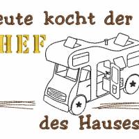 Stickdatei Camping für Geschirrtuch Schürze CHEF mit Wohnmobil Bild 1