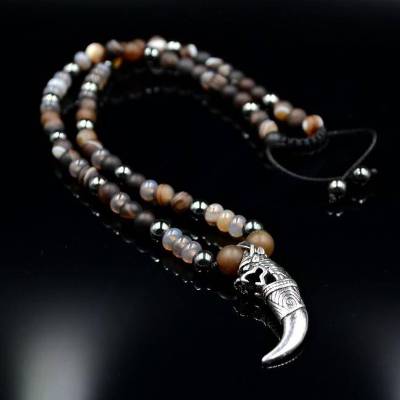 Herren Halskette aus Edelsteinen Achat und Hämatit mit Knotenverschluss, LIMITED EDITION, Länge 60 cm