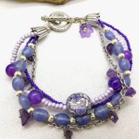 Lila Armband 4-reihig , Violett, Flieder und Silber - 22cm+ - Amethyst, lila Achat, Glasperlen Bild 3