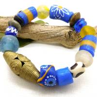 afrikanisches Armband - bunte Vielfalt blau, gelb - Recyclingglas,Krobo,Bronze - elastisch Bild 1