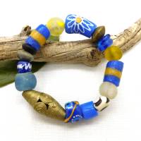 afrikanisches Armband - bunte Vielfalt blau, gelb - Recyclingglas,Krobo,Bronze - elastisch Bild 5