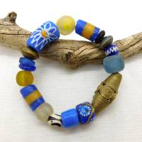 afrikanisches Armband - bunte Vielfalt blau, gelb - Recyclingglas,Krobo,Bronze - elastisch Bild 6