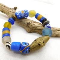 afrikanisches Armband - bunte Vielfalt blau, gelb - Recyclingglas,Krobo,Bronze - elastisch Bild 7
