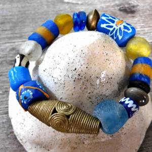 afrikanisches Armband - bunte Vielfalt blau, gelb - Recyclingglas,Krobo,Bronze - elastisch Bild 8