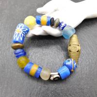 afrikanisches Armband - bunte Vielfalt blau, gelb - Recyclingglas,Krobo,Bronze - elastisch Bild 9