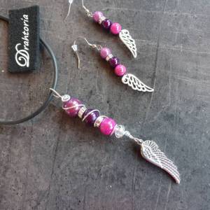 DRAHTORIA Set Engelsflügel-Kette mit Perlen dazu 1 Paar Ohrhängern Flügel pink lila beere oder in Wunschfarbe Bild 3
