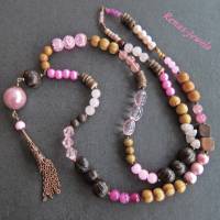Bettelkette Edelsteinkette Perlenkette lang Boho Ethno Kette Anhänger Quaste Kupferfarben Pink Rosa Braun Bild 1