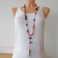 Bettelkette Edelsteinkette Perlenkette lang Boho Ethno Kette Anhänger Quaste Kupferfarben Pink Rosa Braun Bild 2