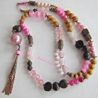 Bettelkette Edelsteinkette Perlenkette lang Boho Ethno Kette Anhänger Quaste Kupferfarben Pink Rosa Braun Bild 3