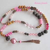Bettelkette Edelsteinkette Perlenkette lang Boho Ethno Kette Anhänger Quaste Kupferfarben Pink Rosa Braun Bild 4