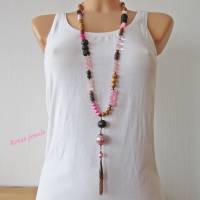 Bettelkette Edelsteinkette Perlenkette lang Boho Ethno Kette Anhänger Quaste Kupferfarben Pink Rosa Braun Bild 5