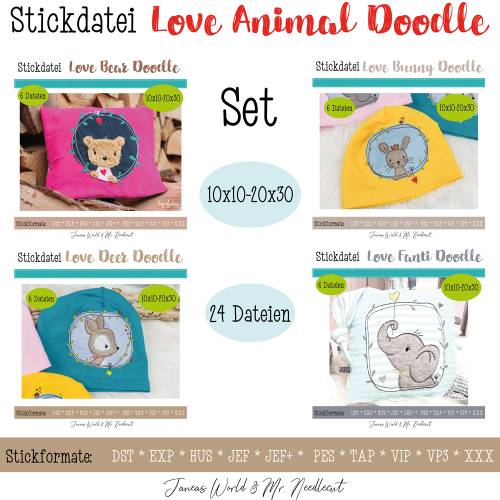 Digitale Stickdatei Janeas World Love Animal Doodle Set für den 10x10 - 20x30 cm (4x4 - 8x12") Stickrahmen