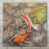 FRÜHLING IM TEICH - Acrylgemälde 60cmx60cm mit Goldfischen und Kaulquappen unter einem Blütenzweig Bild 1