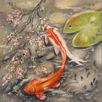 FRÜHLING IM TEICH - Acrylgemälde 60cmx60cm mit Goldfischen und Kaulquappen unter einem Blütenzweig Bild 2