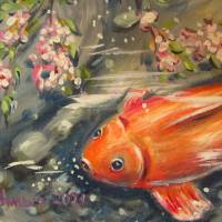 FRÜHLING IM TEICH - Acrylgemälde 60cmx60cm mit Goldfischen und Kaulquappen unter einem Blütenzweig Bild 3