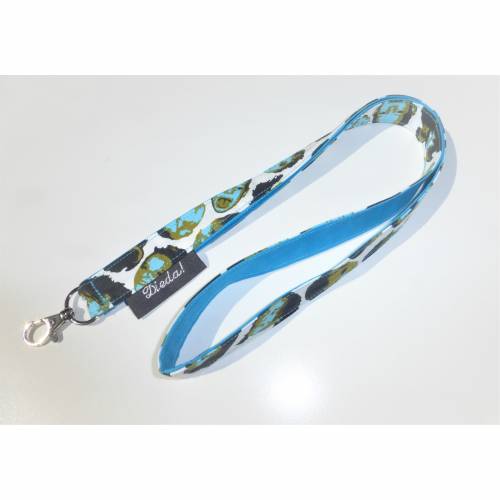 Schlüsselband mit Köpfen zum Umhängen mit Karabiner, Baumwollstoff türkis, Länge 50cm