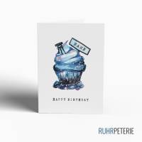 A6 Happy Birthday | Geburtstagskarte Blau schwarz Cupcake | Personalisiert Wunschname | Ruhrpott | Ruhrgebiet | Aquarell Bild 1