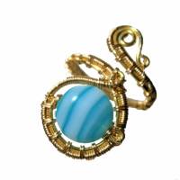 Ring mit Achat blau türkis gestreift handgewebt in goldfarben verstellbar Paisley boho Bild 1