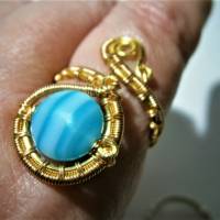 Ring mit Achat blau türkis gestreift handgewebt in goldfarben verstellbar Paisley boho Bild 7
