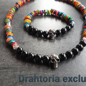 DRAHTORIA Exclusiv Set: Regenbogen Kette mit Obsidian +  Armband mit gefärbten Muschelperlen und Edelstahl Totenkopf Sch Bild 1