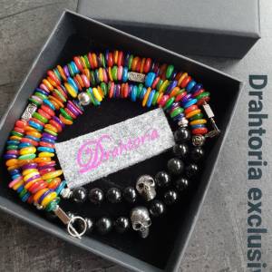 DRAHTORIA Exclusiv Set: Regenbogen Kette mit Obsidian +  Armband mit gefärbten Muschelperlen und Edelstahl Totenkopf Sch Bild 3