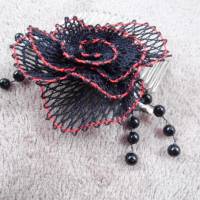 Haarschmuck Gothic Blüte schwarz rot Haarkämmchen Haarkrönchen Hochzeit geklöppelt Handarbeit Brautschmuck Steampunk Bild 3
