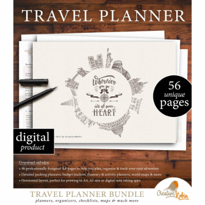 Reiseplaner zum Ausdrucken | Mit Weltkarte | Routenplaner | Budgetplaner | Packlisten | Reisetagebuch | Notizseiten uvm.
