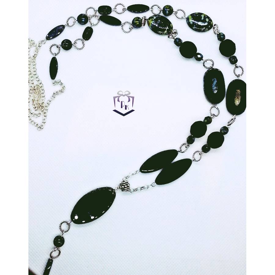 Edle lange Ypsilonkette mit außergewöhnlichen tschechischen tablecut Picasso Scheiben und Perlen in schwarz-silber. Bild 1