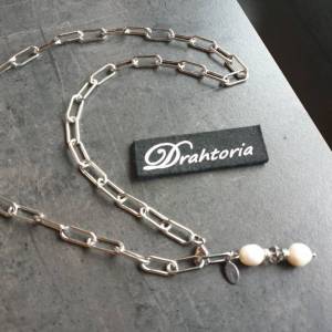 DRAHTORIA Tolle Büroklammer Edelstahl-Kette mit Süßwasser-Perlen in weiß und Glasperle Anhänger Y-Kette Bild 1