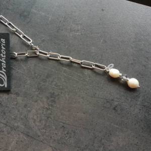 DRAHTORIA Tolle Büroklammer Edelstahl-Kette mit Süßwasser-Perlen in weiß und Glasperle Anhänger Y-Kette Bild 7