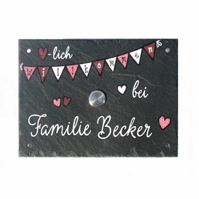 Klingelschild Schiefer Wimpelkette ROTtöne, Türschild mit Klingeltaster, Familienschild, Haustürschild, Schieferschild