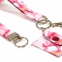 3-teiliges Schlüsselband - Set, Hibiskus-Flair, Blumenmuster rosa, Täschchen, Karabiner und Schlüsselring, 48x2,2 cm Bild 4
