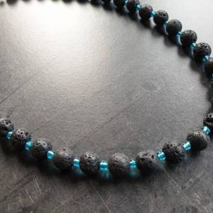DRAHTORIA Kette für den Mann  Lavaperlen und blaue Perlen aus Glas Glasperlen Edelstahl Perlenkette Edelstein Männer Her Bild 3